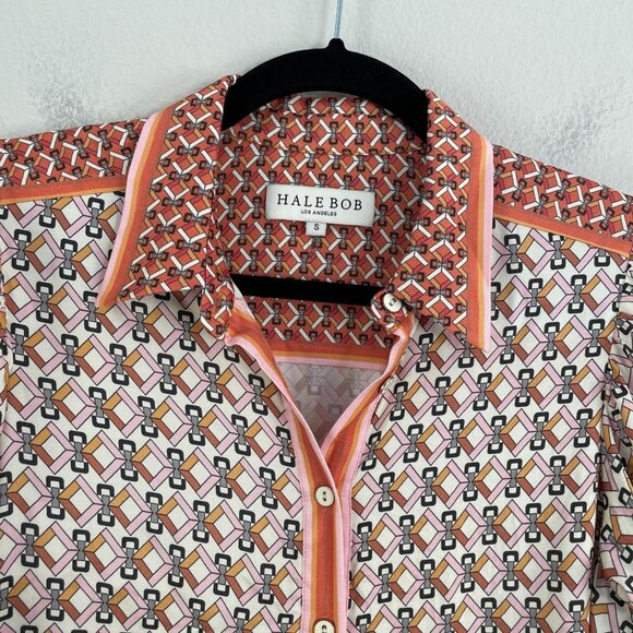 Hale Bob Womens Small Long Sleeve Button Up Blouse Geometric Orange White Shirt - Picture 11 of 13